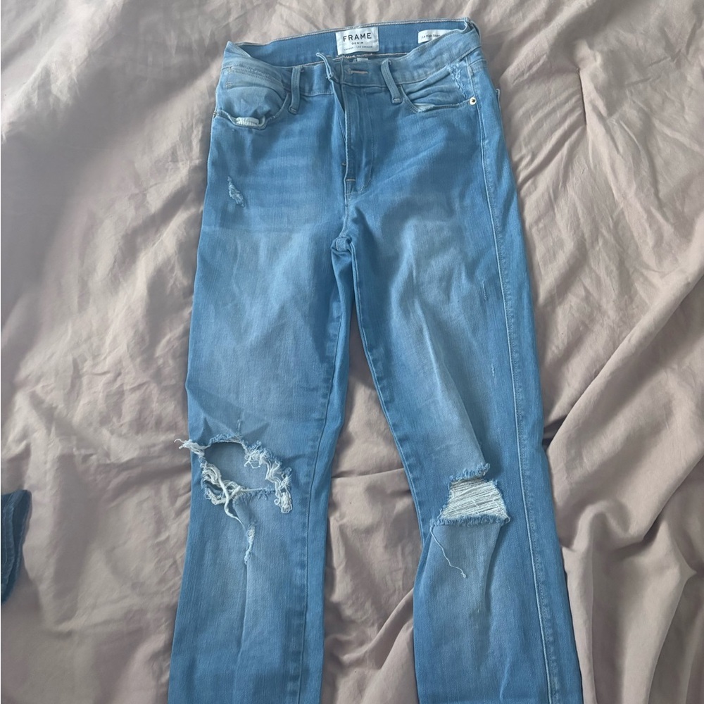 Frame Denim Light Blue Straight-Leg Distressed Jeans